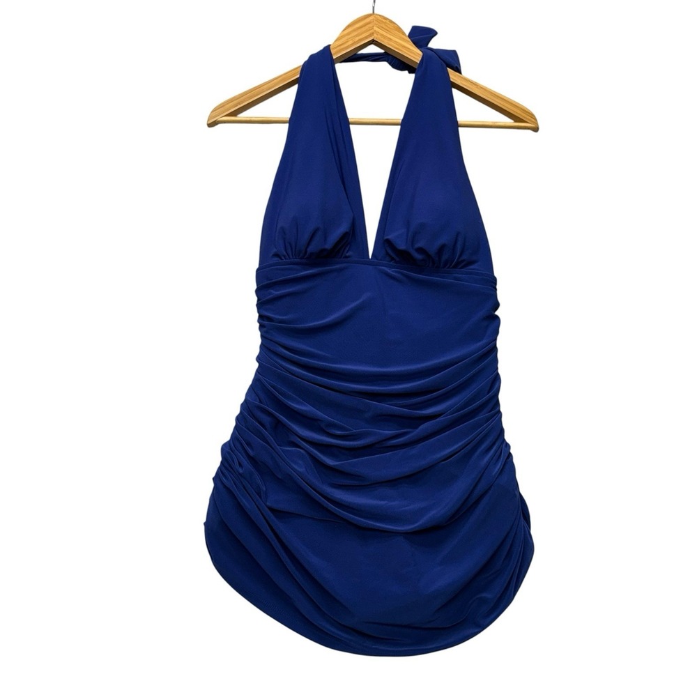 Magicsuit Womens Swimsuit 10 Royal Blue Ruched One Piece Skirt Halter Slimming